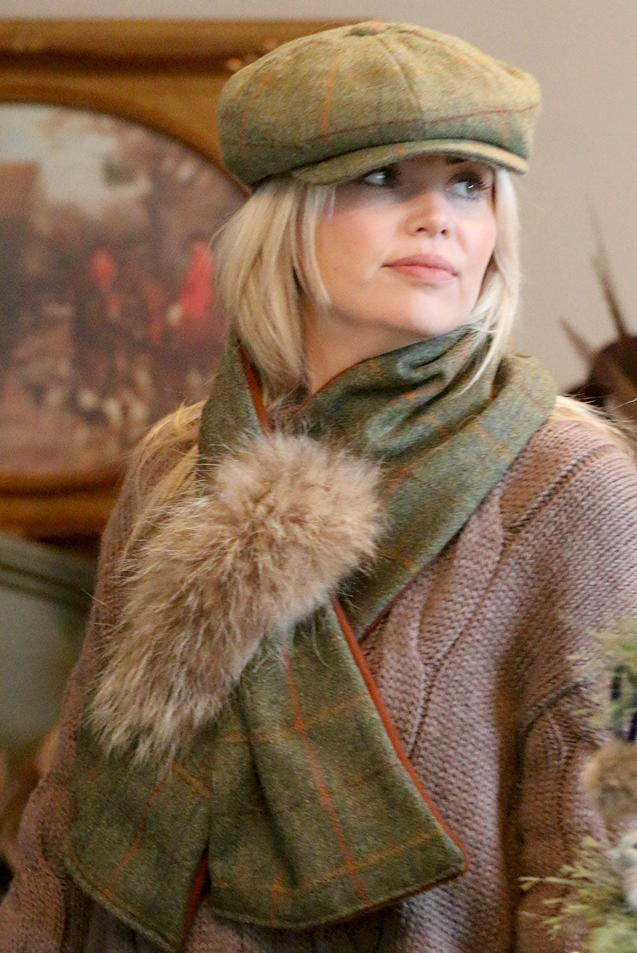 Lovat Tweed and Cashmere mix Cross over with vintage fur detail